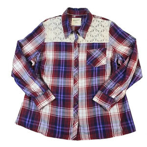Arizona Western Snap Crochet Top Women's 1X Jr. Plus Cowgirl Rodeo Plaid Rancher